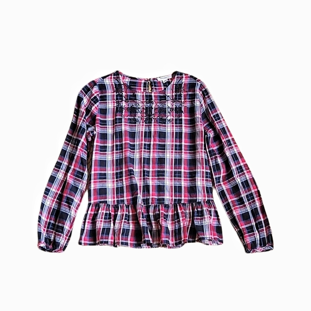 Beach Lunch Lounge Embroidered Red Blue Plaid Peplum Hem Long Sleeve OTop Size M